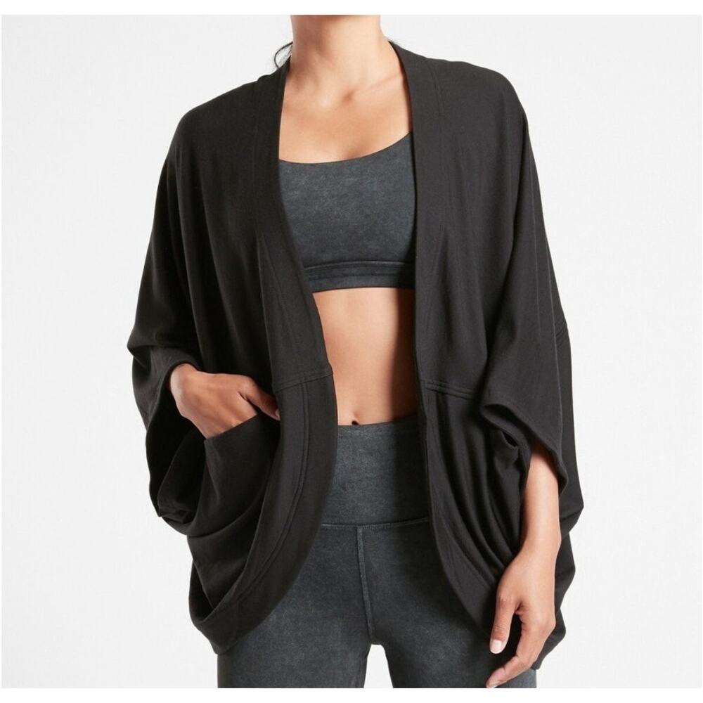 ATHLETA Black Ethereal Cocoon Wrap Cardigan Open Front S/M GUC